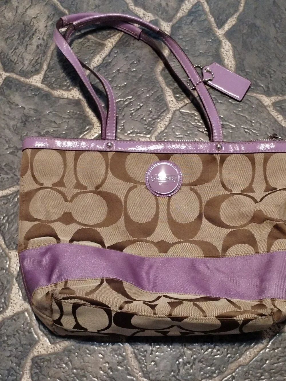 COACH Signature Logo Stripe handbag khaki purple double leather handles VINTAGE